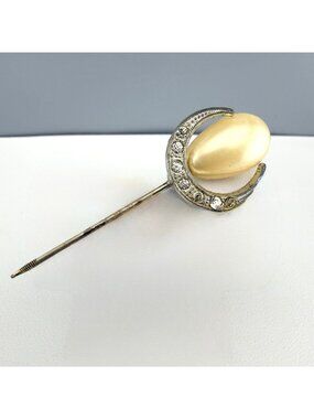 Vintage Rhinestone Faux Pearl Stick Pin Art Deco Silver Tone Tear Drop 2.5”